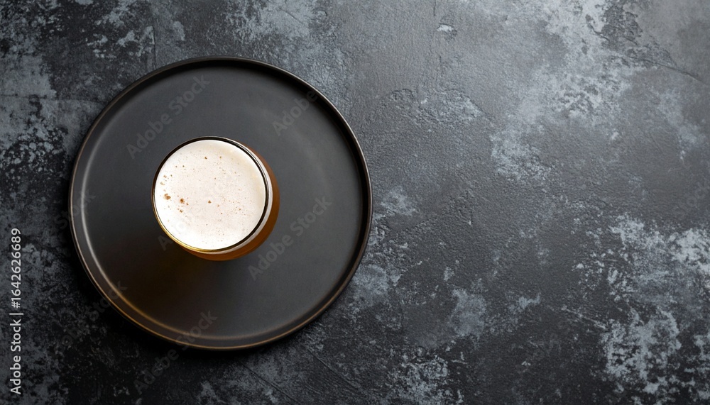 Obraz premium Top view of a fresh glass of craft beer with a creamy head on a black plate against a dark, textured stone background.
