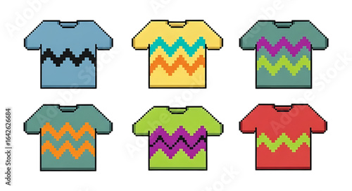 Collection of six colorful t shirts with zigzag patterns on black background