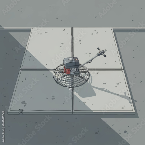 An illustration of a power trowel machine used for smoothing and finishing a newly poured concrete floor slab on a construction site.