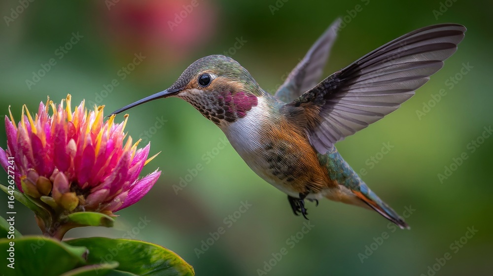 Fototapeta premium Hummingbird feeds on flower