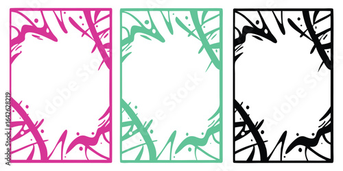 Abstract Graffiti Style Frame Vector Set. A modern street art border collection in pink, green, and black. A grunge splash effect for a poster, banner, or social media post template.