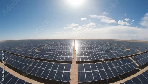 Sunlit Field of Solar Panels – A vast expanse of solar panels covers a desert plain under the midday sun.