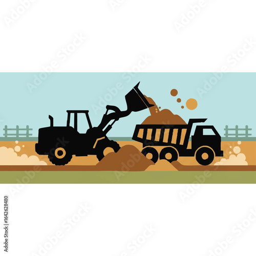 An illustration depicts a construction scene with a loader transferring soil to a dump truck, set against a rural landscape with a fence and blue sky backdrop.