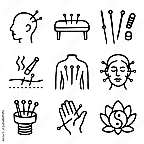 A set of doodle line icons showing acupuncture, needles, massage points, and wellness symbols for alternative medicine and therapy