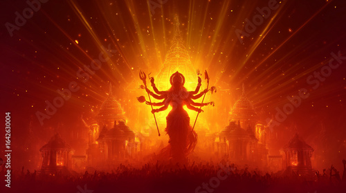 Durga Puja Celebration, depiction of Durga with ten arms holding divine weapons, glowing temple backdrop