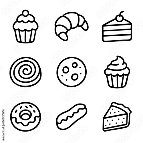 A set of doodle line icons featuring cakes, cupcakes, cookies, donuts, pastries, and other baked desserts for bakery and confectionery themes
