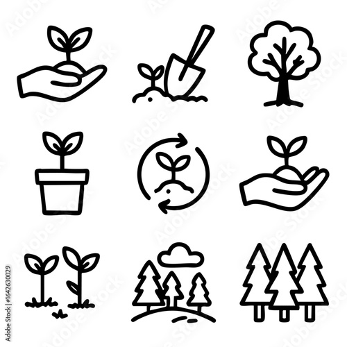 A set of doodle line icons showing tree planting, saplings, forest, and gardening activities for environmental care and nature conservation themes