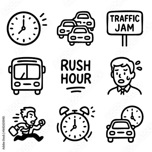 A set of doodle line icons representing rush hour traffic, commuting, time pressure, public transport, and stressful urban travel situations