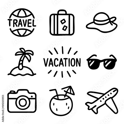 A set of doodle line icons featuring vacation travel elements such as suitcase, beach, airplane, sunglasses, camera, and tropical drinks