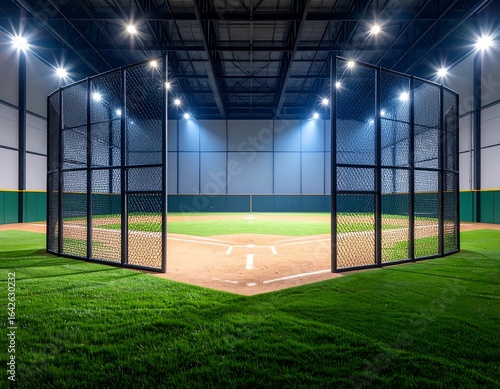 Indoor baseball field at night
