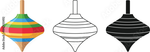 Spinning top toy vector illustration set of three styles