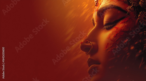 Durga Puja Theme, close-up of Durga’s face with calm expression and vibrant sindoor, modern devotional look