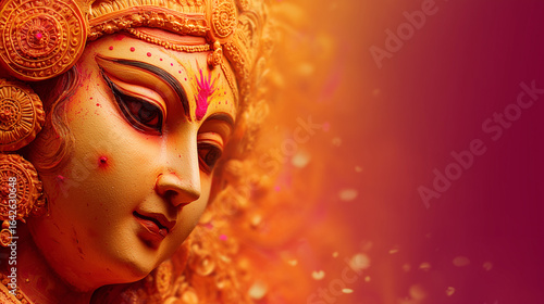 Durga Puja Theme, close-up of Durga’s face with calm expression and vibrant sindoor, modern devotional look