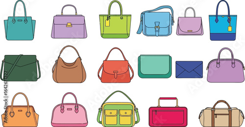 Colorful handbags collection fashion accessories vector set