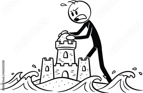 Stick figure building sandcastle on beach with rising tide