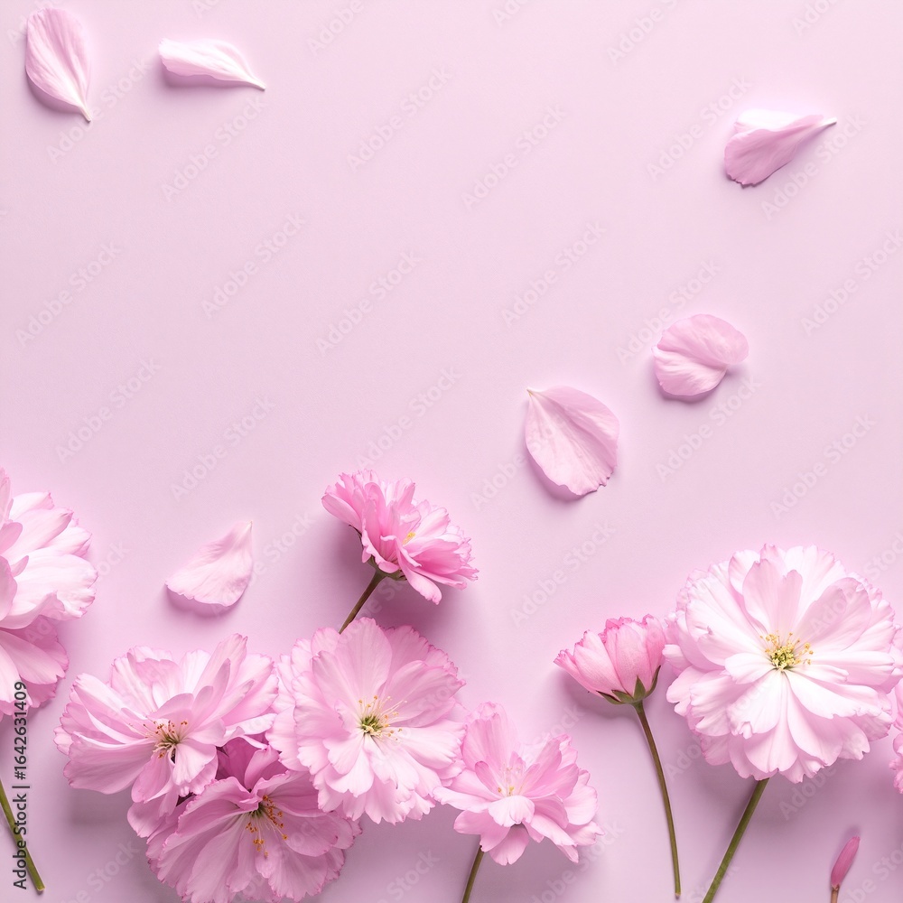 Fototapeta premium A vibrant arrangement of delicate pink flowers gracefully blooms against a soft, light purple background, creating a serene and enchanting atmosphere.