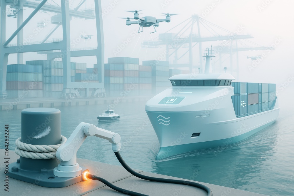 Fototapeta premium Futuristic autonomous cargo ship at smart port with robotic arm and drones in misty background, symbolizing modern transport technology shift. Ai generative
