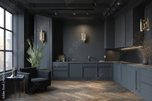 Modern dark kitchen interior with a cozy corner