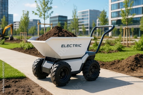 Electric wheelbarrow filled with soil on a sidewalk in modern urban garden with light background and green landscaping concept outdoors. Ai generative