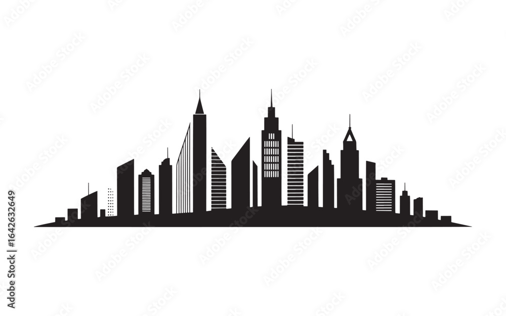 Naklejka premium Monochromatic Cityscape Silhouette A Dynamic Composition of Towering Skyscrapers Against a Clean White Backdrop Creates a Sense of Urban Grandeur