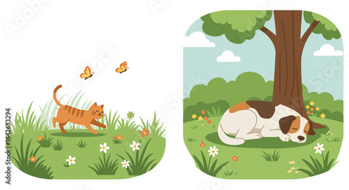 A delightful illustration of a cat chasing butterflies and a dog sleeping under a tree.