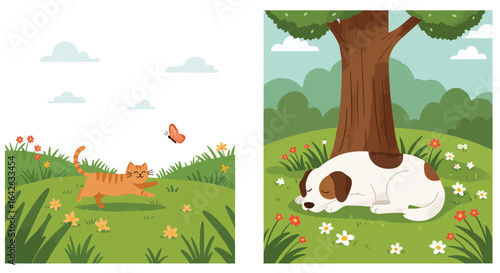 A playful ginger cat chases a butterfly in a vibrant meadow, while a spotted dog peacefully sleeps under a tree.