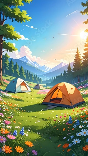 Scenic outdoor camping scene with two tents set amid colorful wildflowers in a lush green meadow surrounded by tall trees and distant mountains under a bright blue sky