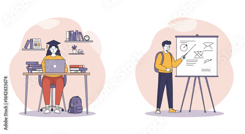 Two illustrated scenes depicting students engaged in academic activities, one studying online and another presenting on a whiteboard.