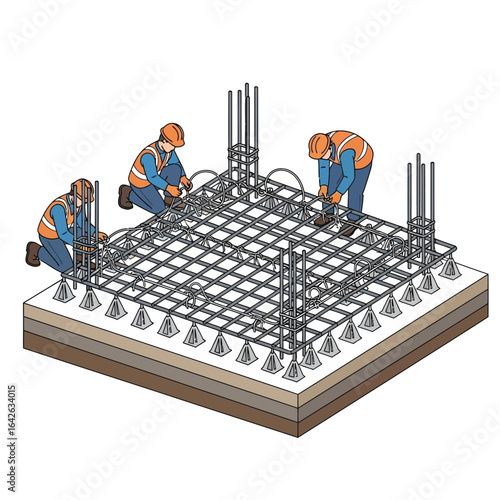 An illustration depicts construction workers assembling a reinforced concrete foundation, showcasing structural integrity and building practices in a detailed, technical diagram.