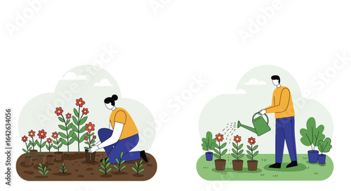 Animated illustration showing two people gardening, one planting seedlings in a flower bed and another watering potted plants.