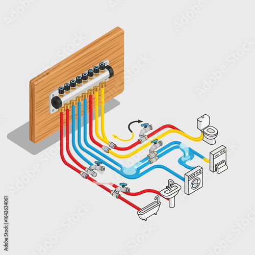 Diagram illustrating a modern underfloor heating manifold system distributing hot and cold water to various household appliances.