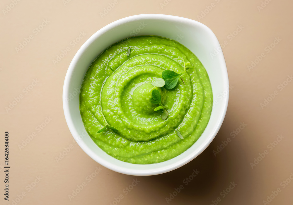 Obraz premium Top-down view of a bright green edamame puree or dip, artfully swirled and garnished in a white serving bowl.