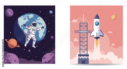 An astronaut floats weightlessly in deep space near Earth, while a powerful rocket launches from its tower.