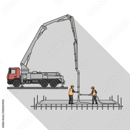 Construction workers operate a concrete pump truck, pouring liquid concrete onto a building foundation with rebar reinforcement.