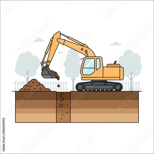 A vector illustration depicts an excavator diligently digging a trench, with soil being moved, set against a backdrop of trees and a fence, showcasing construction.