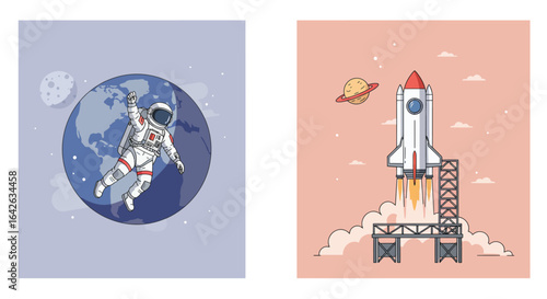 Vibrant illustrations showcasing space travel, featuring an astronaut floating near Earth and a rocket launching from a platform towards a ringed planet.