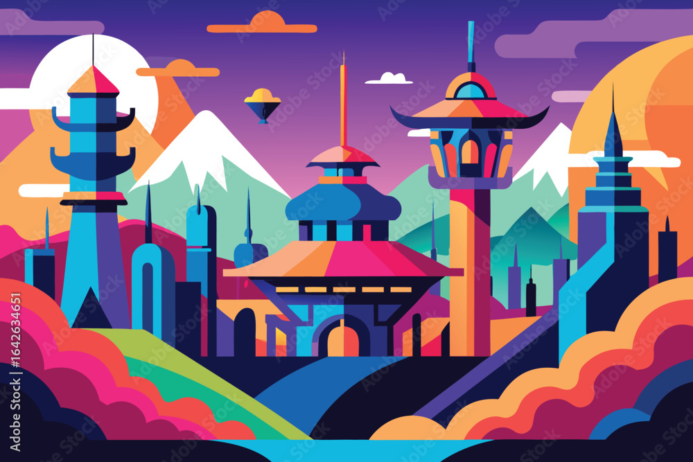 Fototapeta premium Photo of a vibrant and colorful cityscape featuring unique architecture and towering buildings, creating a modern and artistic urban landscape
