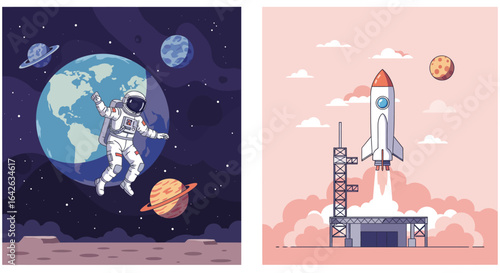 Illustrations depicting an astronaut floating in space near Earth and a rocket launching from a pad into a cloudy sky.