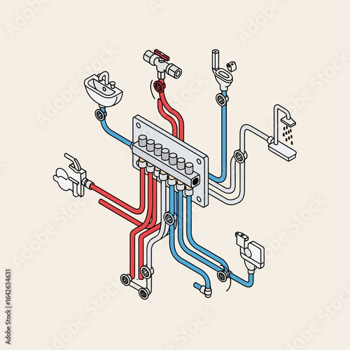 Detailed isometric illustration of a plumbing manifold system distributing hot and cold water to various fixtures in a home.