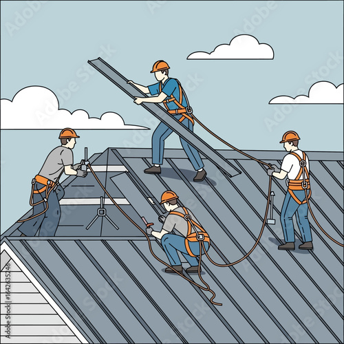 A group of construction workers are installing a metal roof on a house, wearing safety harnesses and hard hats, working together on a sunny day to ensure structural integrity.
