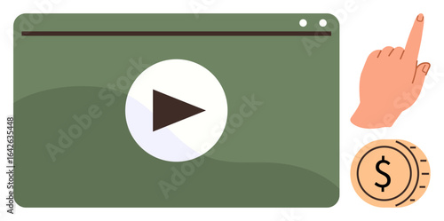 Video screen with play button, hand pointing, and coin indicating engagement, video marketing, income. Ideal for digital media, streaming, advertising, e-learning finance decision simple flat