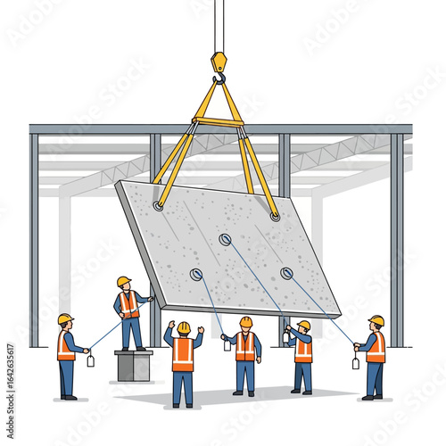 An illustration depicts construction workers carefully guiding a large concrete slab being lowered by a crane within a building framework.