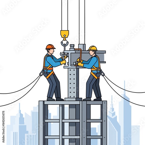 Two construction workers in safety gear assemble a structure high above a city skyline using tools and a crane.