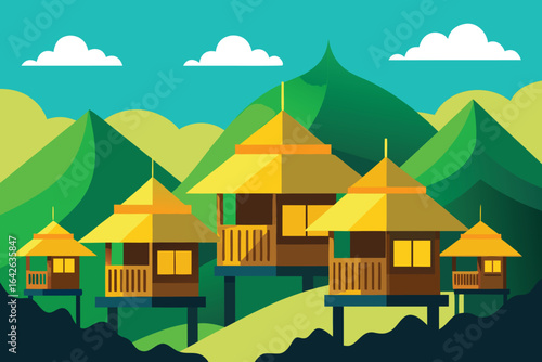 Photo of a serene tropical landscape featuring traditional stilt houses nestled amidst lush green mountains under a clear sky, perfect for a resort getaway