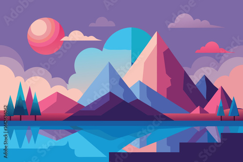 Photo of a vibrant landscape featuring mountains, lake, and colorful sky with clouds, reflecting in the water, creating a serene and picturesque scene