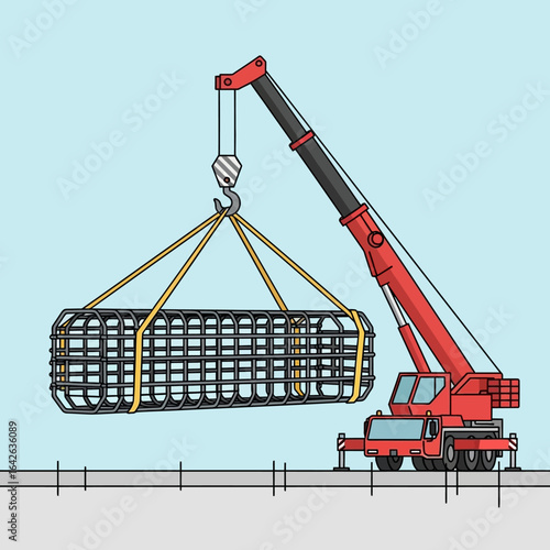 A vibrant illustration depicts a red crane lifting a metallic cage-like structure at a construction site, showcasing engineering and industrial progress.