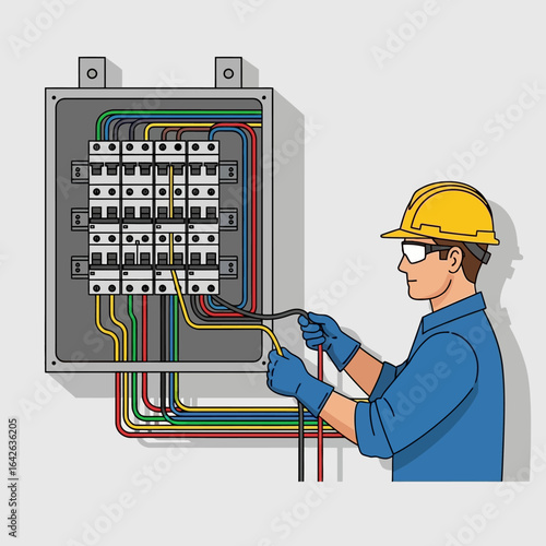 A skilled electrician in a hard hat and safety glasses carefully works on a complex electrical panel, connecting wires with precision and expertise, ensuring a safe and efficient electrical system.