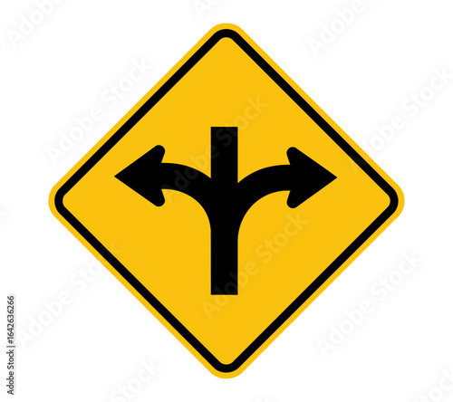 Crossroads ahead, a warning sign for a y-intersection illustrating a critical decision, choice, and path direction.