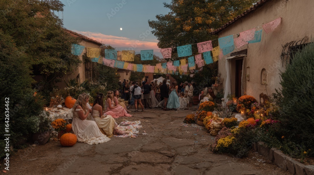 Fototapeta premium Authentic Dia de los Muertos Mexican Courtyard Celebration Premium Festive Evening Lifestyle Content for Family Marketing and Social Media Campaigns