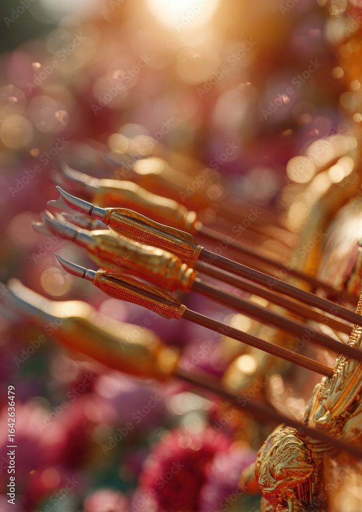 Naklejka premium Premium Traditional Dussehra Bow and Arrows with Ornate Weapon Display for Authentic Festival Marketing and Social Media Campaigns Inspiring Cultural Connection